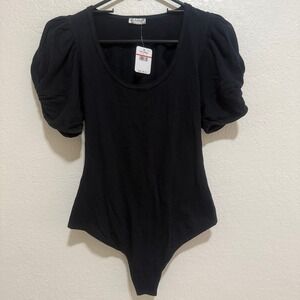 Free People Black Puff Sleeve Ruched Bodysuit Teddy XS